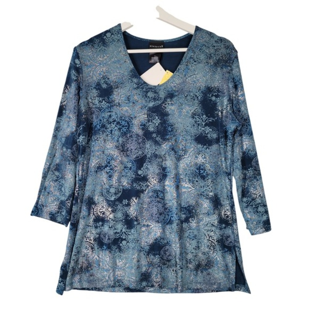 Citiknit V-Neck Top Womens Medium Blue Silver Metallic Paisley 3/4 Sleeve NEW